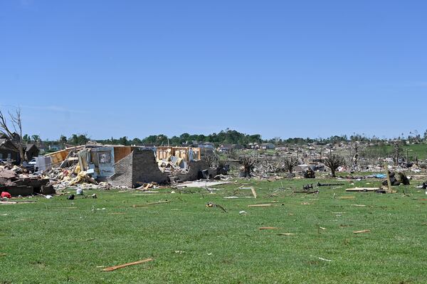 Houses lay destroyed following severe weather in London, Ky., Saturday, May 17, 2025. (AP Photo/Timothy D. Easley)
