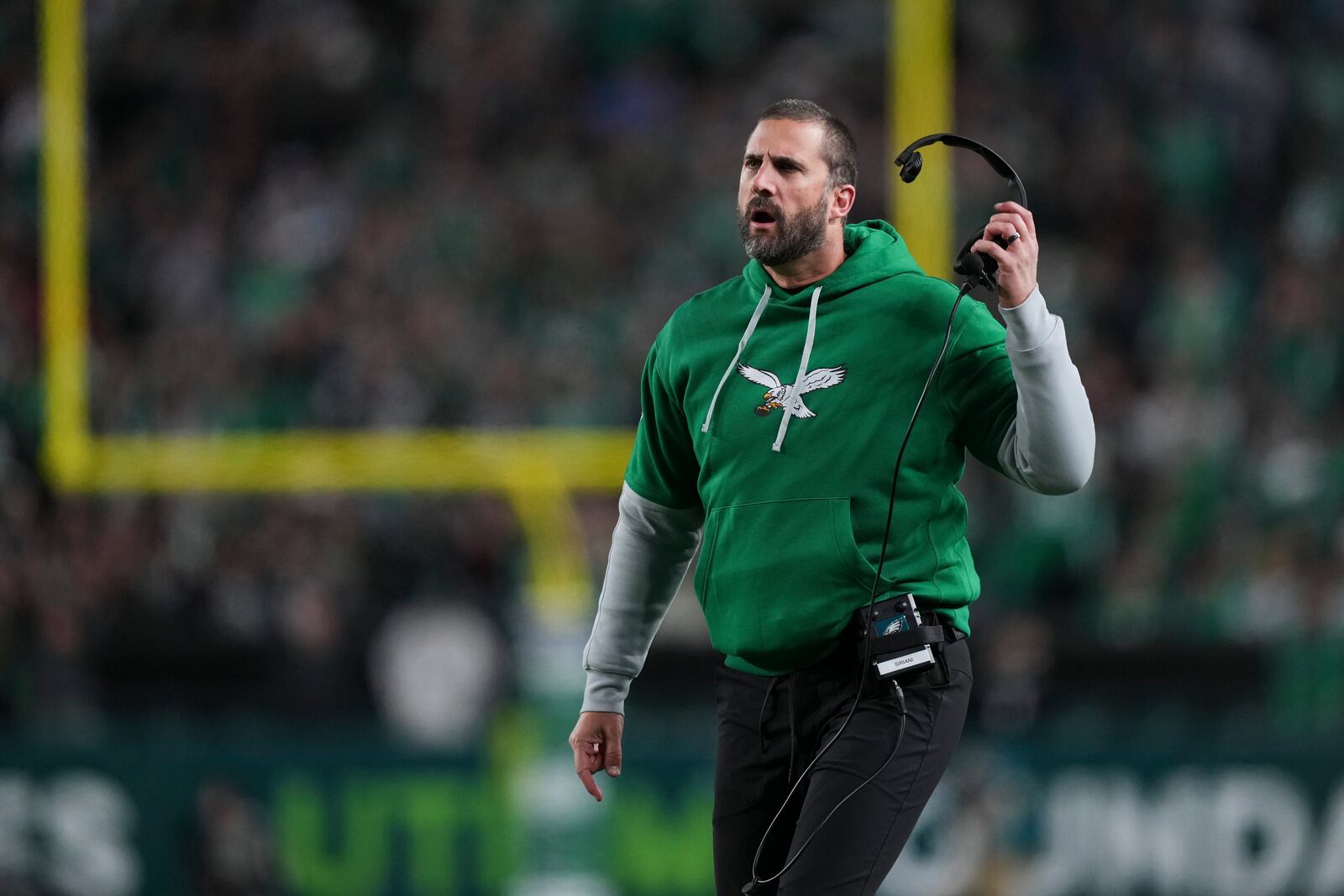 Philadelphia Eagles head coach Nick Sirianni reacts after a penalty during the first half of an NFL football game against the Jacksonville Jaguars on Sunday, Nov. 3, 2024, in Philadelphia. (AP Photo/Matt Slocum)