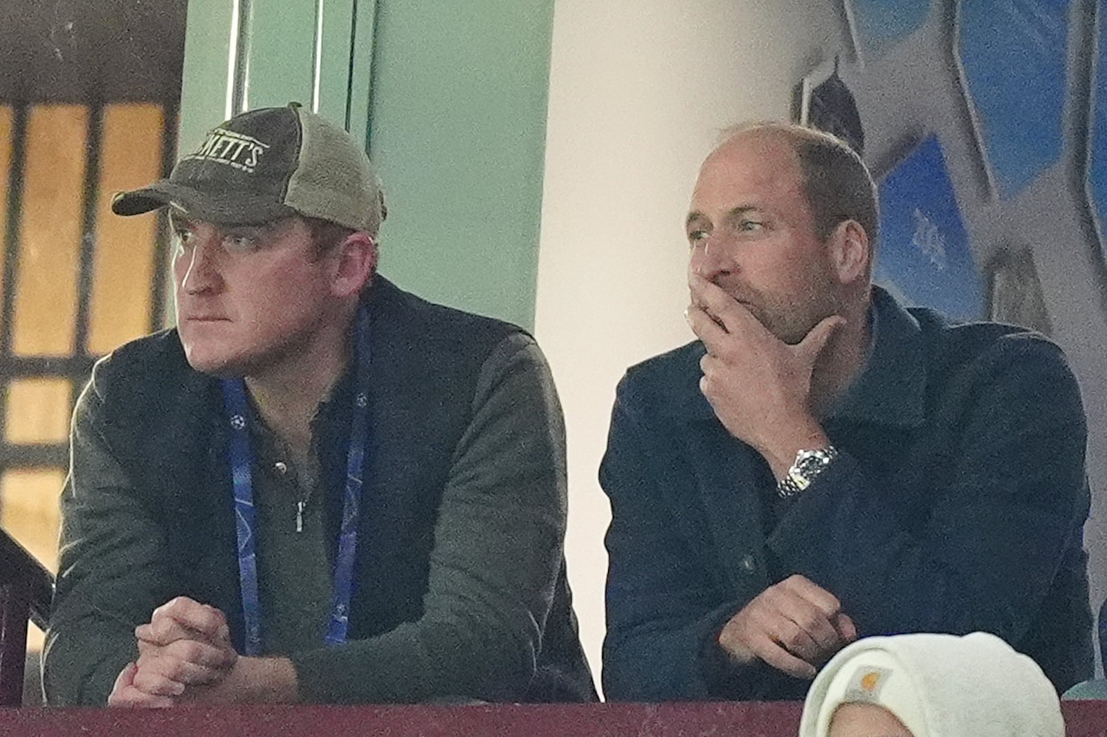 Britain's Prince William, right, watches the Champions League opening phase soccer match between Aston Villa and Bayern Munich, at Villa Park in Birmingham, England, Wednesday, Oct. 2, 2024. (Mike Egerton/PA via AP)