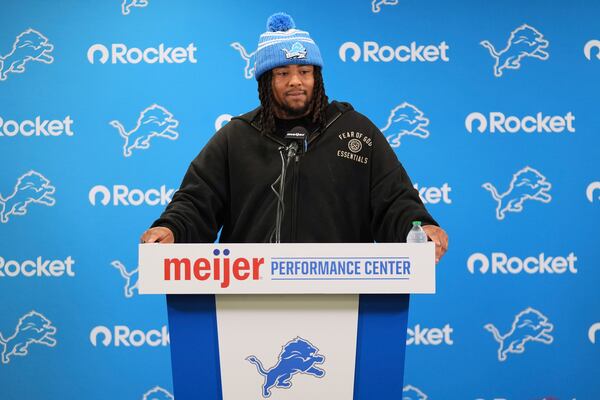 Ohio State defensive tackle Tyleik Williams, the Detroit Lions first round pick, 28th overall, in the NFL football draft, speaks during a news conference in Allen Park, Mich., Friday, April 25, 2025. (AP Photo/Paul Sancya)