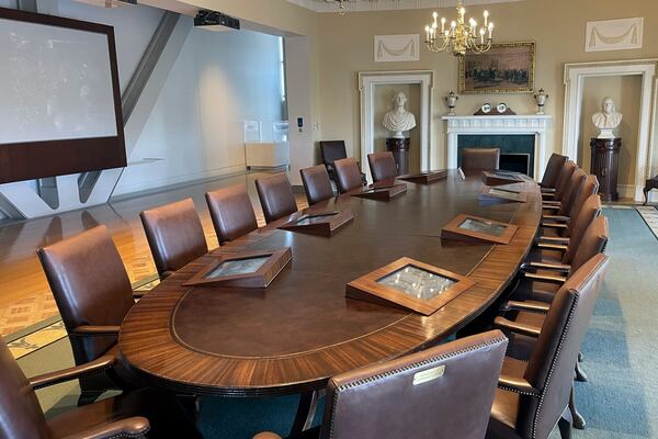 An interactive replica of the White House Cabinet Room is displayed at the Clinton Presidential Library and Museum in Little Rock, Ark, on Tuesday, Nov. 12, 2024. (AP Photo/Andrew DeMillo)