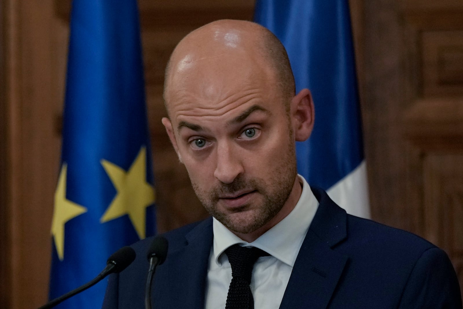 French Foreign Minister Jean-Noel Barrot speaks during a press conference at the Pine Palace, which is the residence of the French ambassador, in Beirut, Lebanon, Monday, Sept. 30, 2024. (AP Photo/Bilal Hussein)