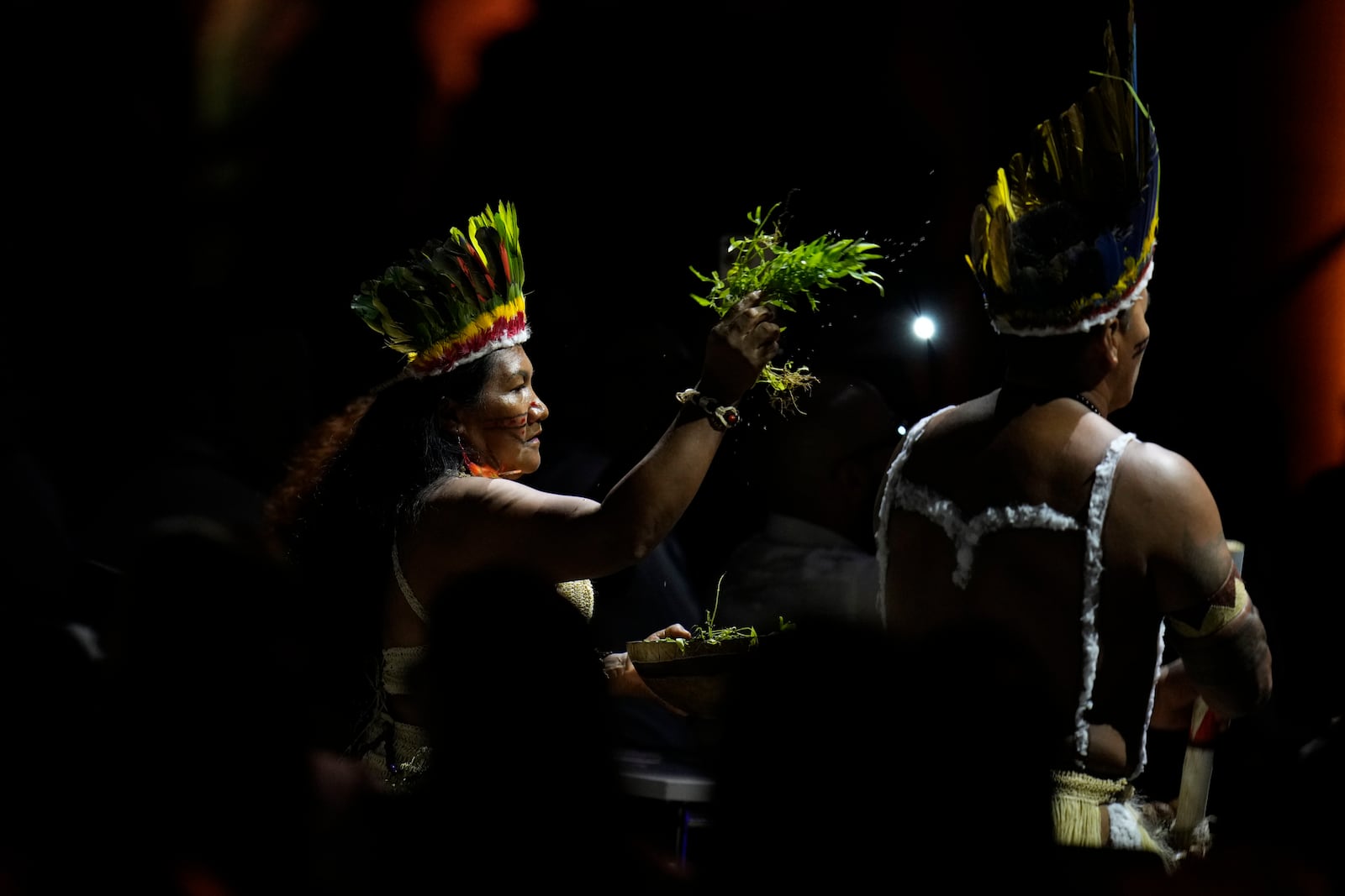 Indigenous Colombian people perform during the opening ceremony of COP16, a United Nations' biodiversity conference, in Cali, Colombia, Sunday, Oct. 20, 2024. (AP Photo/Fernando Vergara)