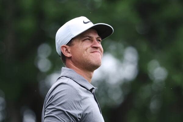 Cameron Champ watches his shot off the ninth tee during the first round of the CJ Cup Byron Nelson golf tournament in McKinney, Texas, Thursday, May 1, 2025. (AP Photo/Gareth Patterson)