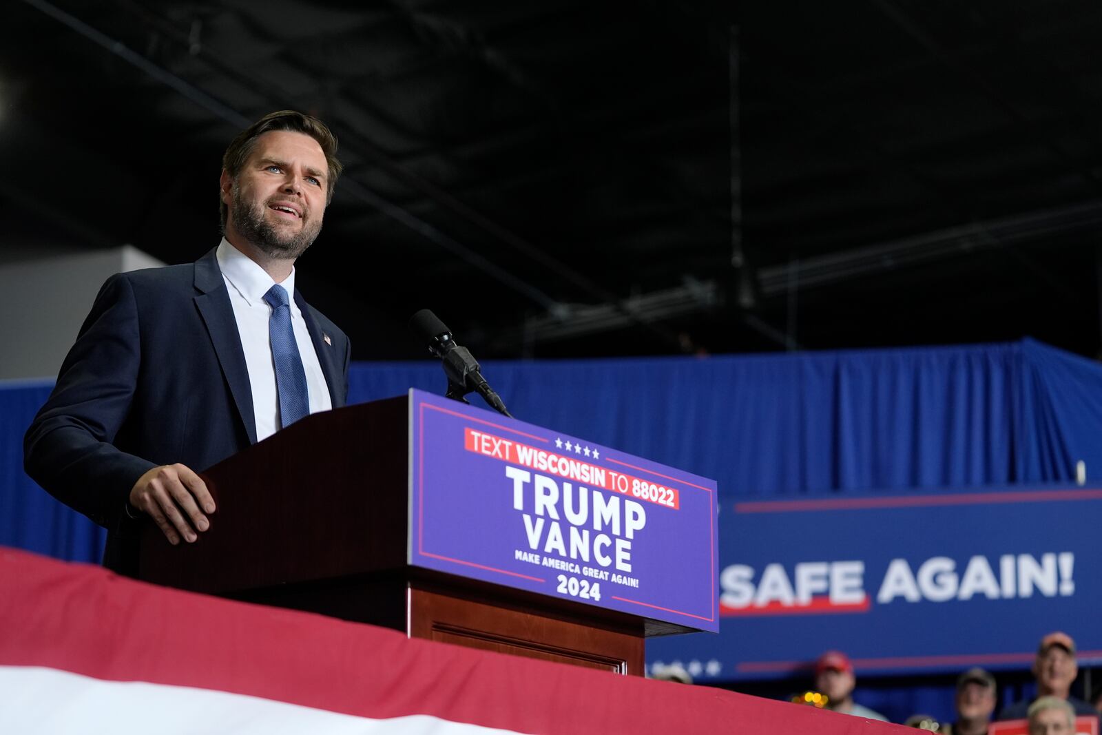 Republican vice presidential nominee Sen. JD Vance, R-Ohio, speaks at a campaign event, Tuesday, Sept. 17, 2024 in Eau Claire, Wis. (AP Photo/Abbie Parr)