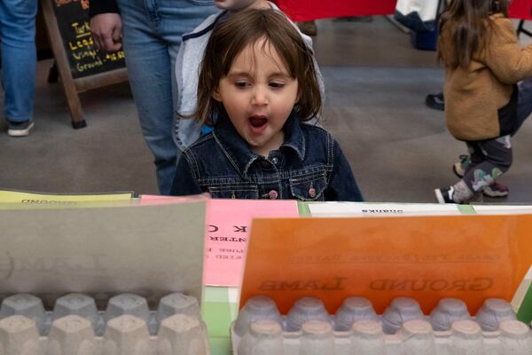 A young girl yawns as she looks at signs of products being sold at the Brighton Farmers Market on Sunday, March 23, 2025, in Brighton, N.Y. (Caitlyn Daproza via AP)