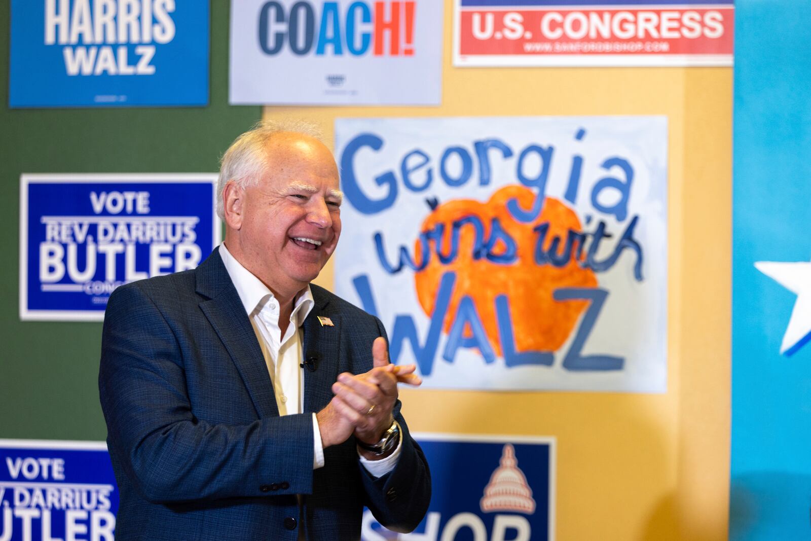 Democratic vice presidential candidate Tim Walz speaks to supporters at a Democratic campaign office in Macon, Ga., Tuesday, Sept. 17, 2024. (Arvin Temkar/Atlanta Journal-Constitution via AP)