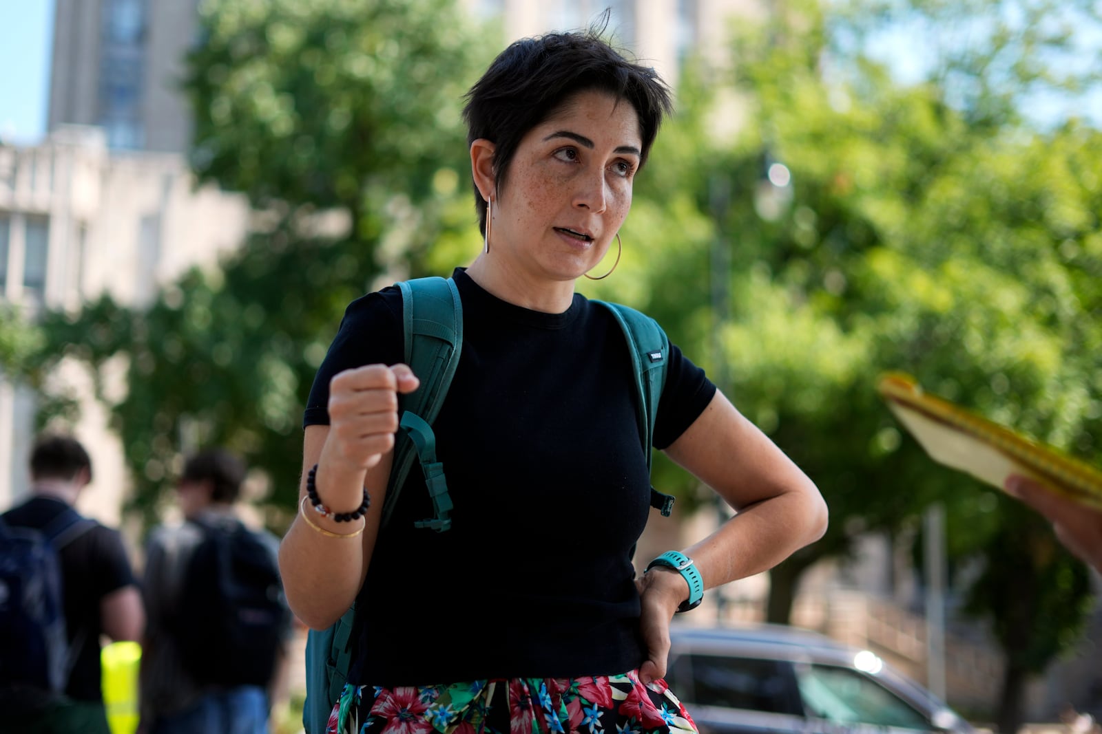 Lelia Nilipour, a doctoral student at the University of Pittsburgh, talks with a reporter on campus in Pittsburgh, Thursday, Sept. 12, 2024. (AP Photo/Gene J. Puskar)