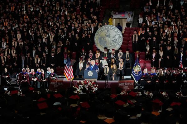 President Donald Trump gives a commencement address at the University of Alabama, Thursday, May 1, 2025, in Tuscaloosa, Ala. (AP Photo/Mike Stewart)