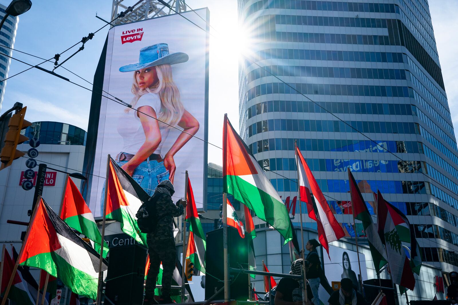 Demonstrators protest in support of the Palestinian people, Saturday, Oct. 5, 2024, in Toronto, days before the one-year anniversary of Hamas' attack in southern Israel and Israel's response to go to war on Hamas. (Arlyn McAdorey/The Canadian Press via AP)