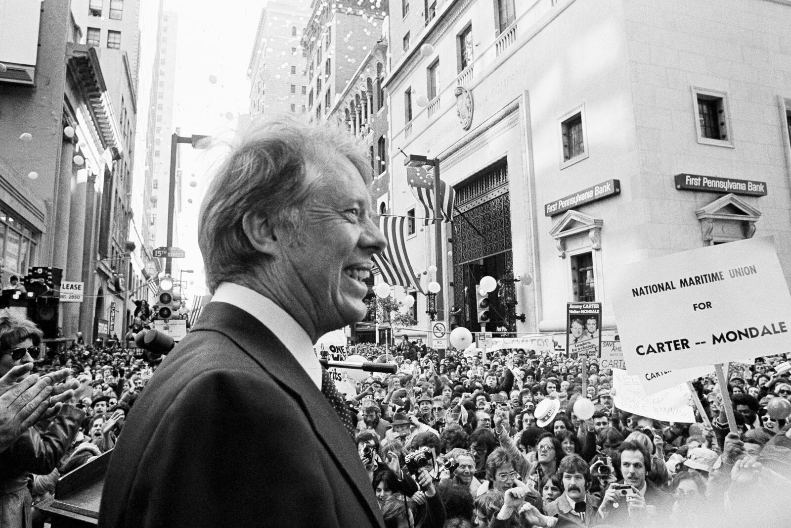 FILE - An estimated crowd of 35,000 people gather for a noontime speech by Presidential candidate Jimmy Carter in downtown Philadelphia, Oct. 29, 1976. (AP Photo, File)