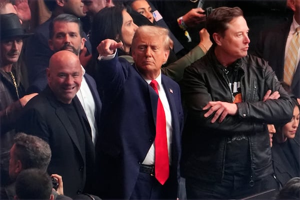 President-elect Donald Trump attends UFC 309 at Madison Square Garden, Saturday, Nov. 16, 2024, in New York, with Kid Rock, Donald Trump Jr., Dana White and Elon Musk. (AP Photo/Evan Vucci)