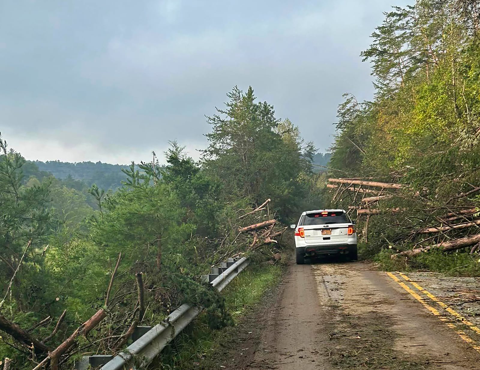 Rescue workers from the Pamlico County rescue team are shown working in the aftermath of Helene the area of Chimney Rock, N.C., Saturday, Sept. 28, 2024. (Pamlico County Special Operations via AP)