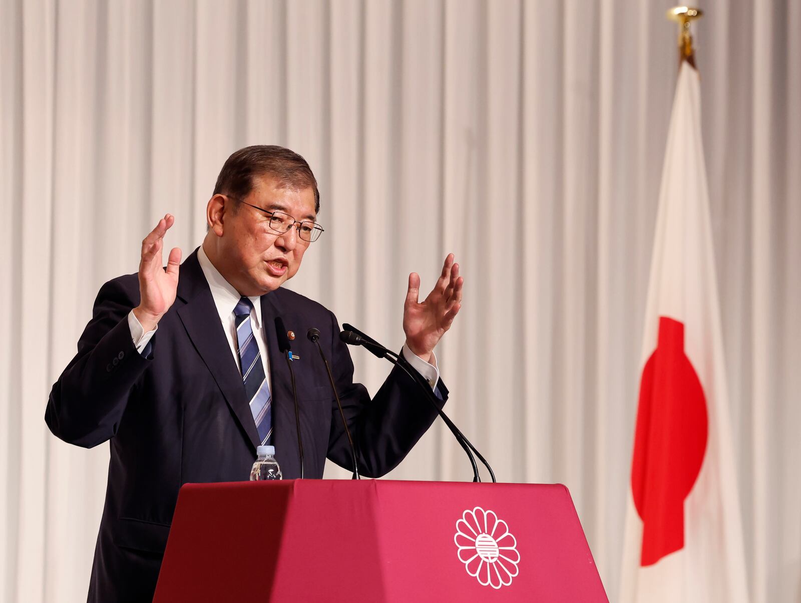 Shigeru Ishiba, the newly elected leader of Japan's ruling party, the Liberal Democratic Party (LDP) holds a press conference after the LDP leadership election, in Tokyo Friday, Sept. 27, 2024. (Kim Kyung-Hoon/Pool Photo via AP)