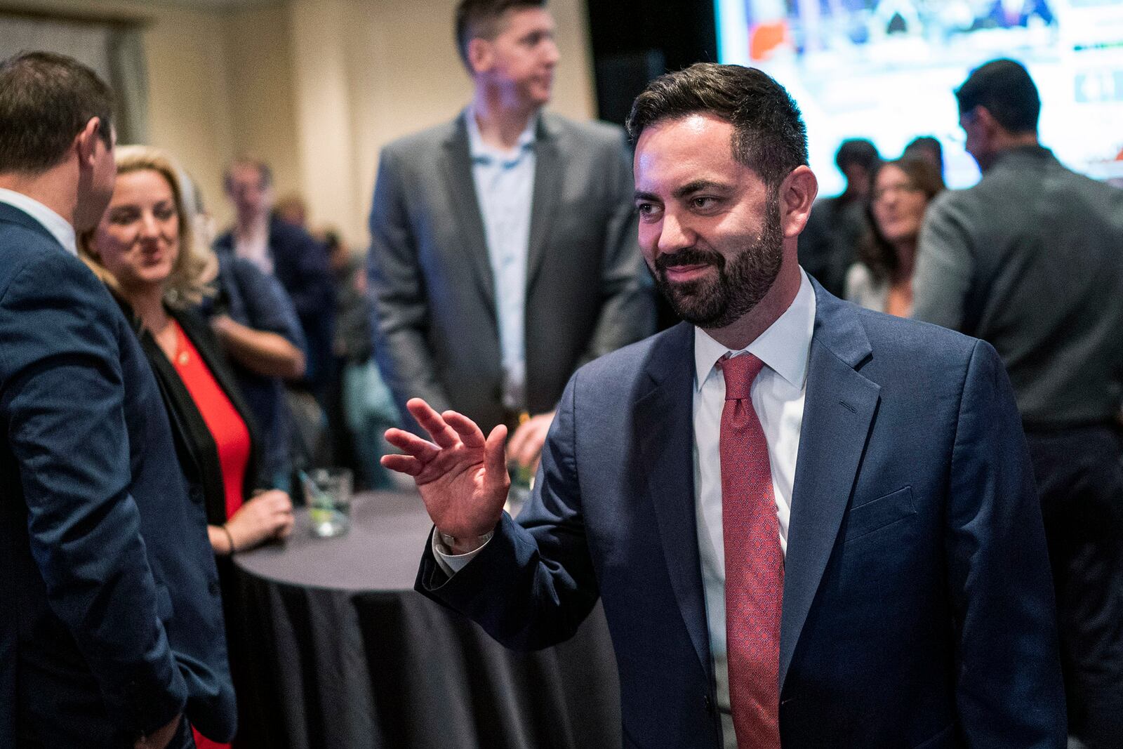 FILE — Mike Lawler, Republican candidate in New York's 17th Congressional District, greets supporters as he arrives to attend his election-night party, Nov. 8, 2022, in Pearl River, N.Y. (AP Photo/Eduardo Munoz Alvarez, File)