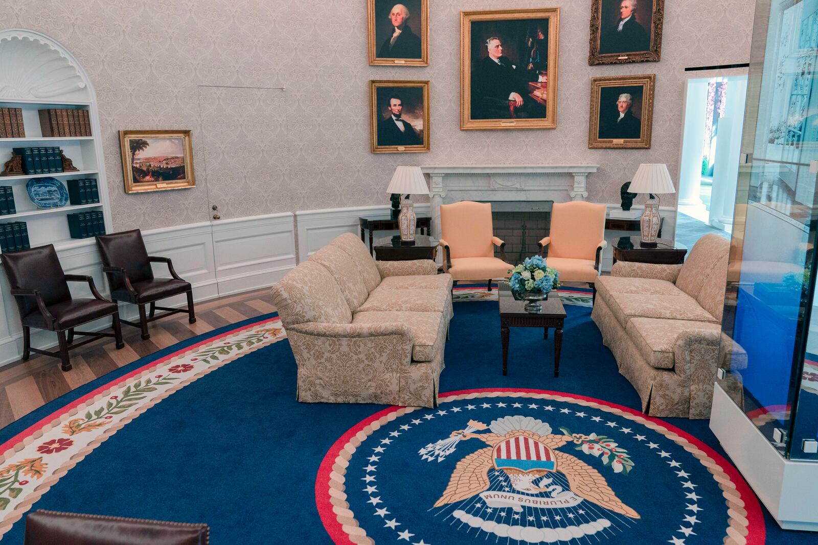 A replica of the Oval Office as is today, shown at The People's House exhibit, Monday, Sept. 16, 2024 in Washington. (AP Photo/Jose Luis Magana)