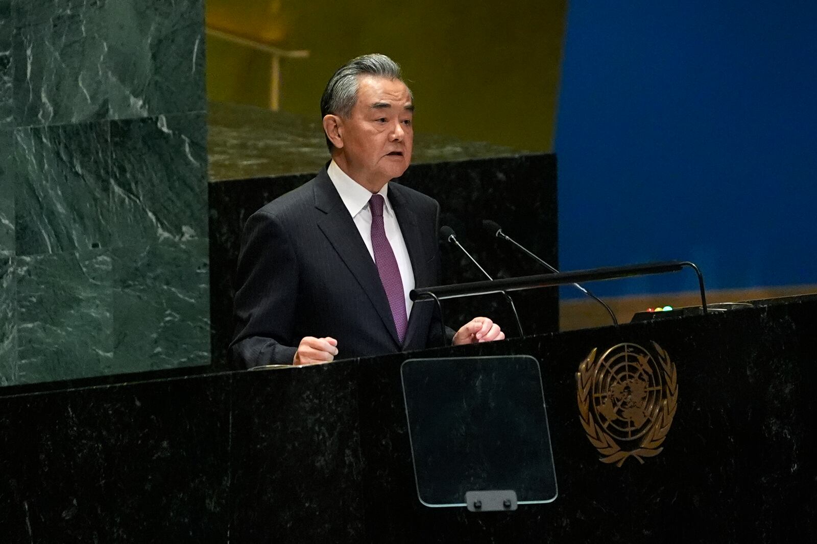 China's Minister for Foreign Affairs Wang Yi addresses the 79th session of the United Nations General Assembly, Saturday, Sept. 28, 2024. (AP Photo/Pamela Smith)