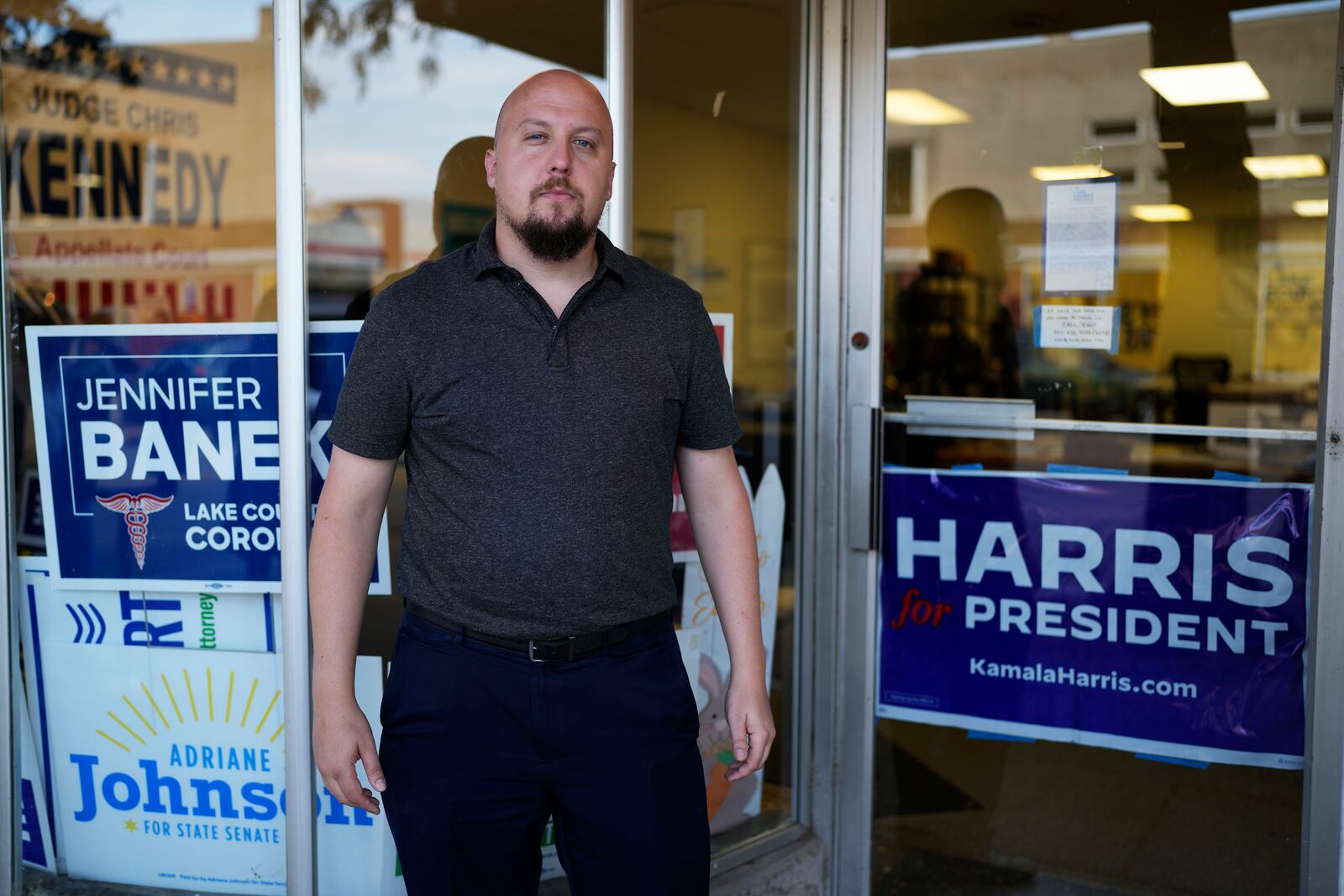 Thomas Maillard, the director of city government affairs, poses for photos in Waukegan, Ill., Monday, Sept. 16, 2024. (AP Photo/Nam Y. Huh)