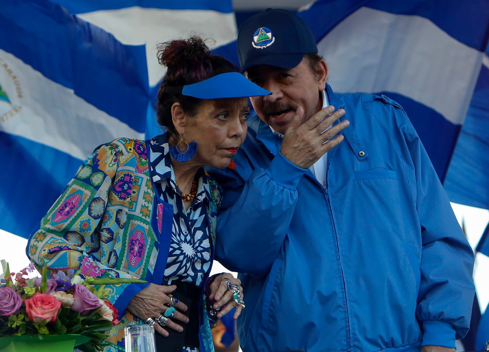 FILE - Nicaragua's President Daniel Ortega and his wife and Vice President Rosario Murillo attend a rally in Managua, Nicaragua, Sept. 5, 2018. (AP Photo/Alfredo Zuniga, File)