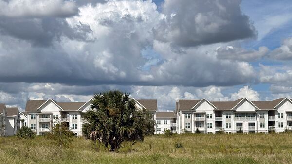 The newly-constructed The Brightly Apartments rises from what was formally a citrus grove nearby Haines City, Florida Saturday, Oct. 5, 2024. (AP Photo/Mike Schneider)