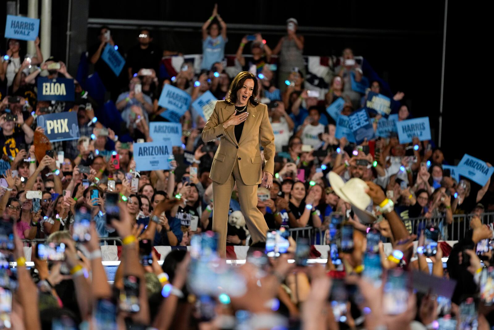 FILE - Democratic presidential nominee Vice President Kamala Harris arrives to speak Thursday, Oct. 10, 2024, on the Gila River Indian Community reservation in Chandler, Ariz. (AP Photo/Matt York, File)