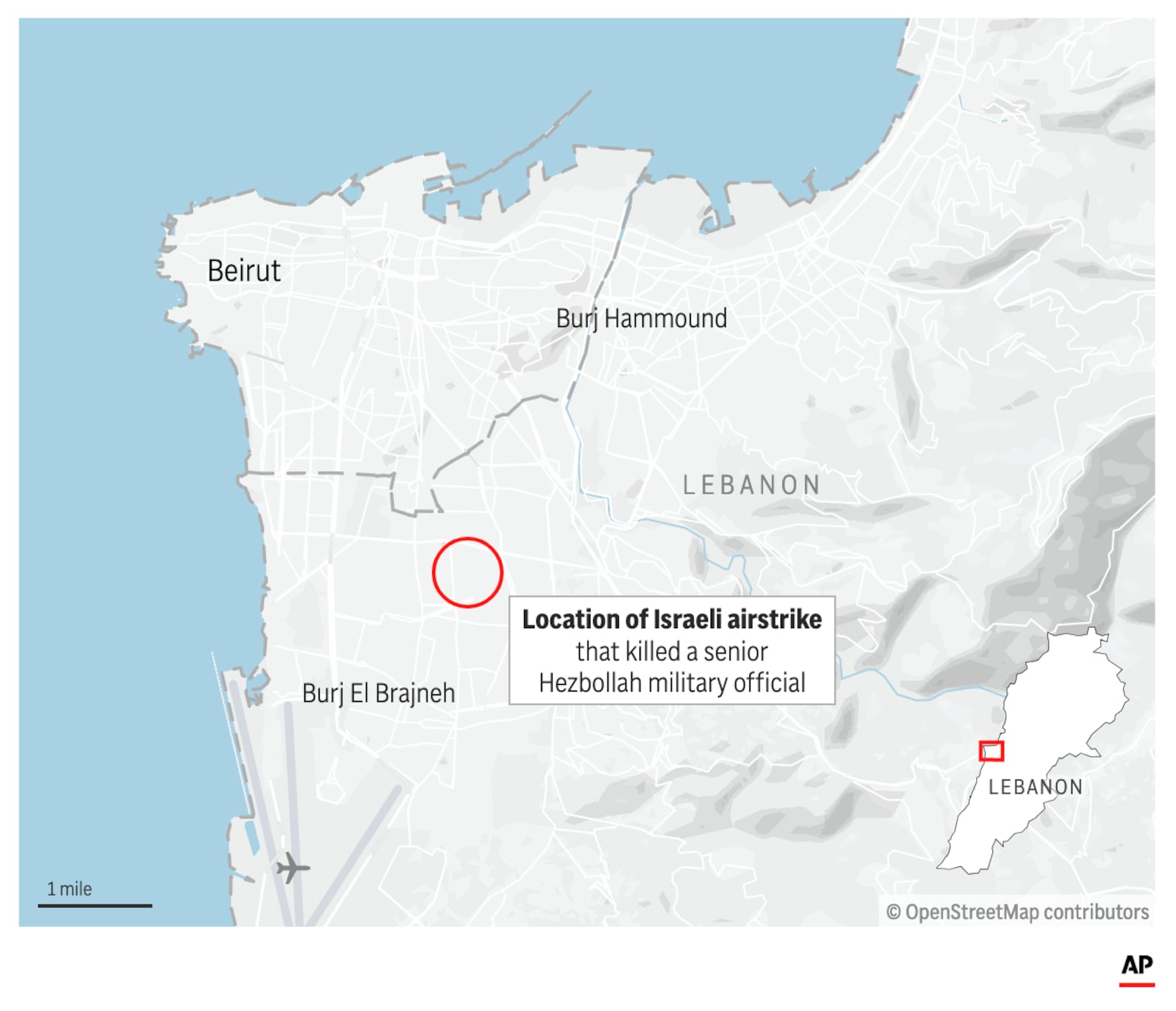 The map above shows the location of an Israeli strike near Beirut that killed a Hezbollah commander. (AP Digital Embed)