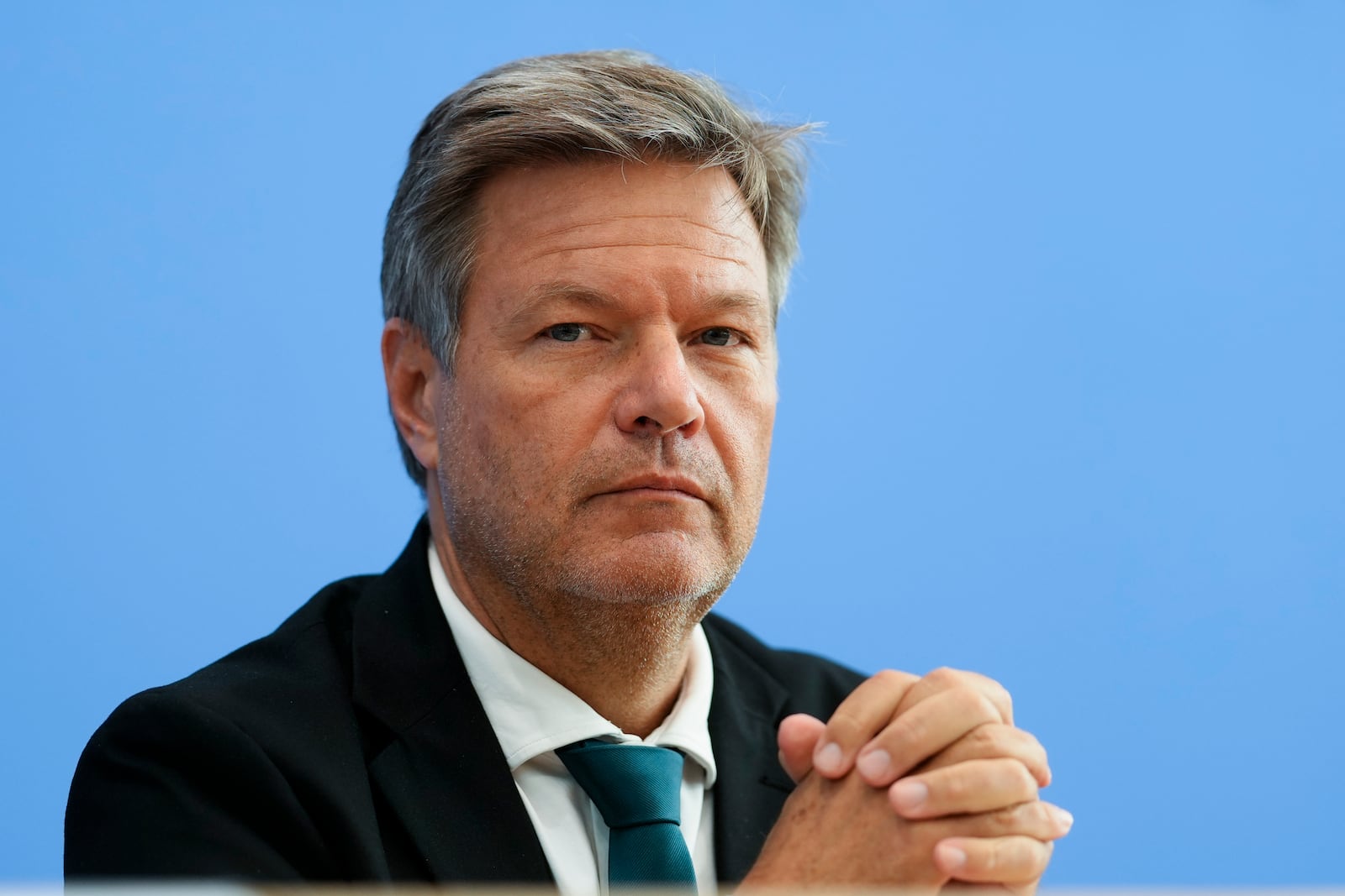 German Economy and Climate Minister Robert Habeck attends a news conference of Germany's economy development in Berlin, Germany, Wednesday, Oct. 9, 2024. (AP Photo/Markus Schreiber)