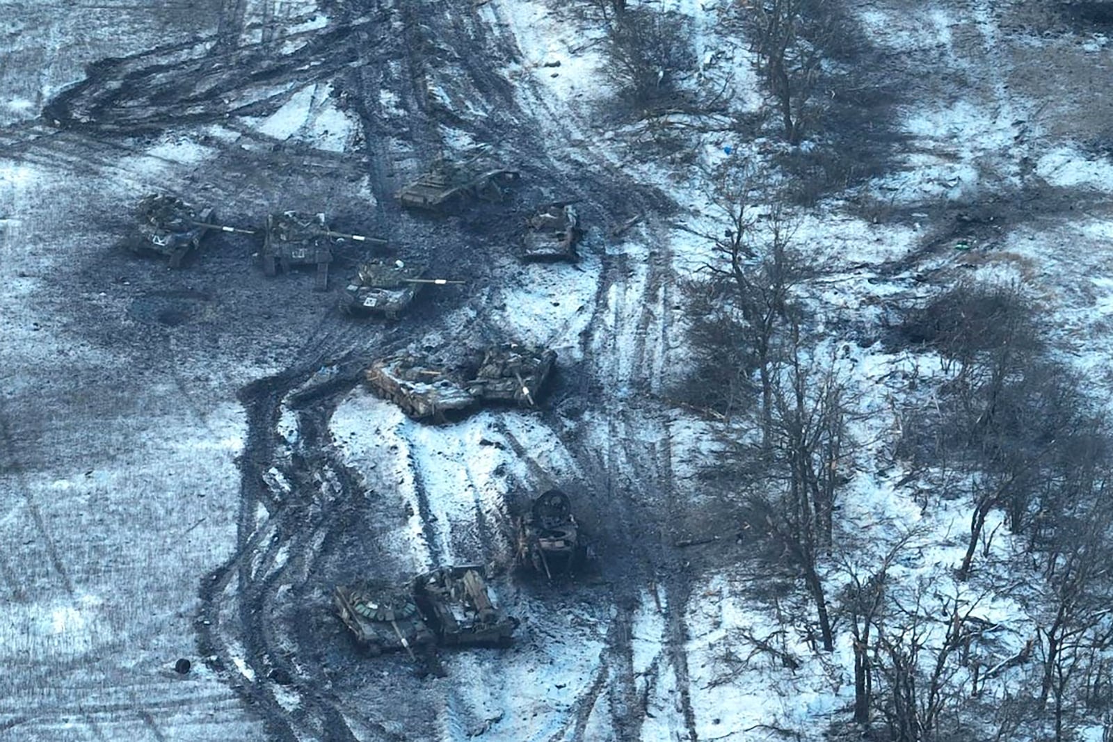 FILE - This image provided by the Ukrainian Armed Forces and taken in February 2023 shows damaged Russian tanks in a field after an attack on Vuhledar, Ukraine. (Ukrainian Armed Forces via AP, File)