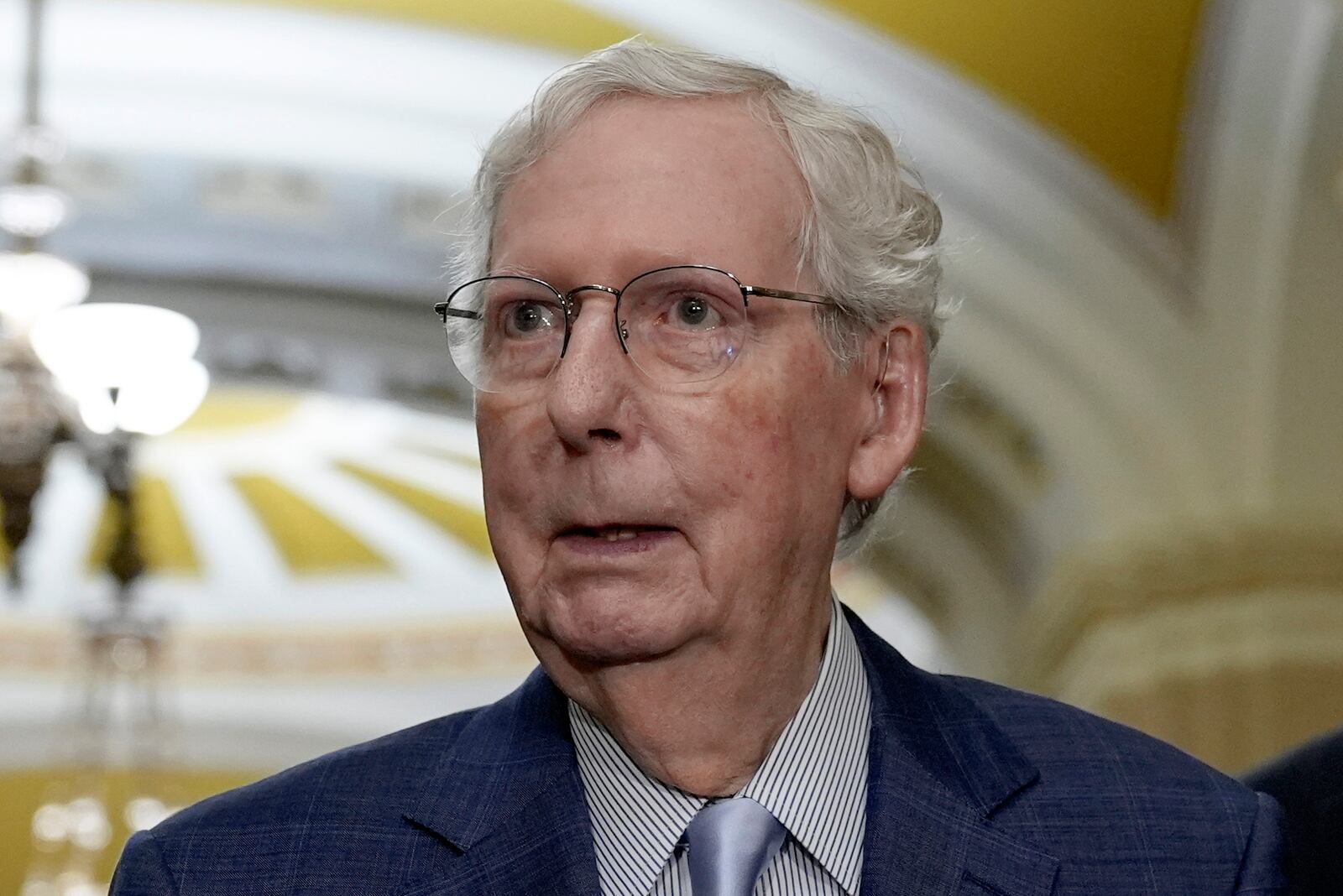 Sen. Minority Leader Mitch McConnell, R-Ky., talks after a policy luncheon on Capitol Hill Tuesday, Sept. 24, 2024, in Washington. (AP Photo/Mariam Zuhaib)