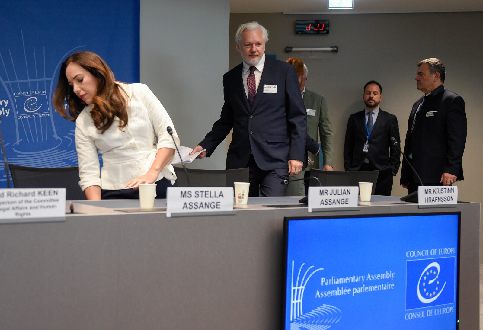 Wikileaks founder Julian Assange and his wife Stella Assange arrive at the Council of Europe in Strasbourg, eastern France, Tuesday, Oct. 1, 2024. (AP Photo/Pascal Bastien)