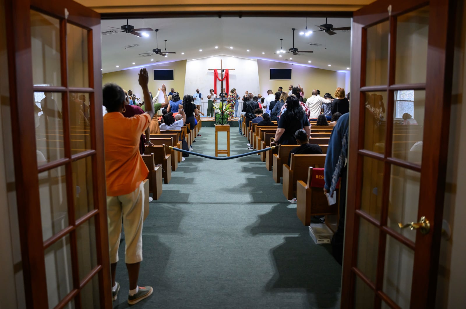 Mt. Olive Baptist Church holds a service, Sunday, Aug. 18, 2024, in Turner Station, Md. Turner Station is located near the former site of the Francis Scott Key Bridge, which collapsed in March. (AP Photo/Steve Ruark)