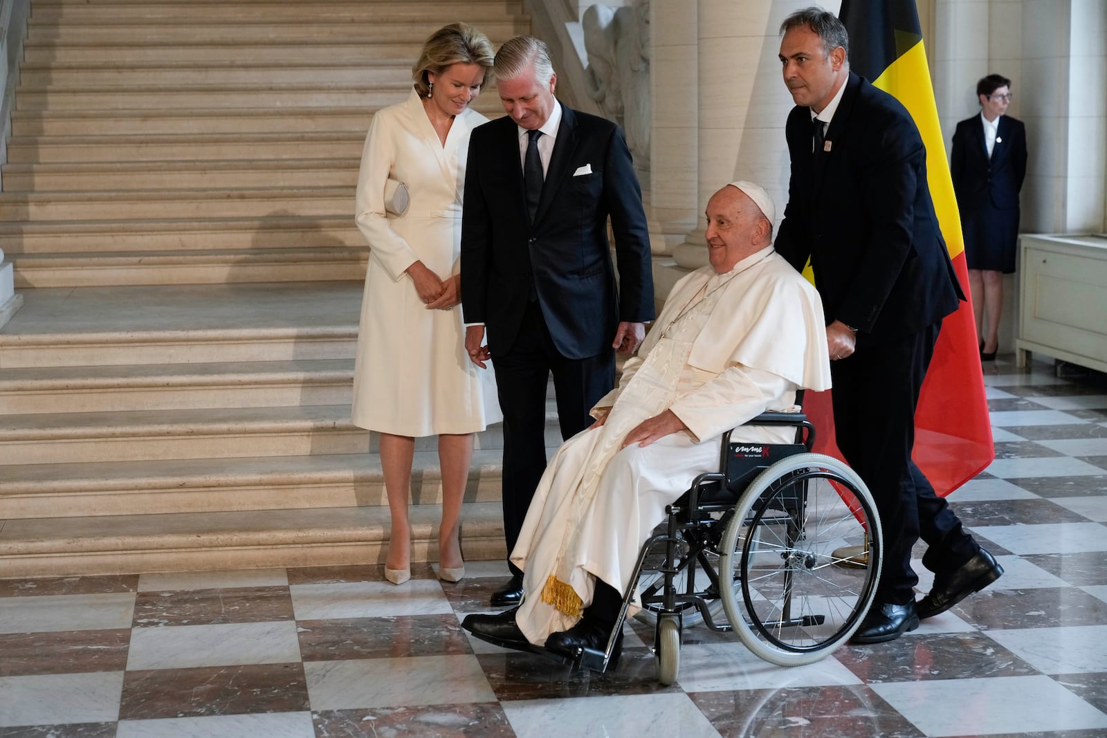 Pope Francis meets with King Philippe and Queen Mathilde in the Castle of Laeken, Brussels, Friday, Sept. 27, 2024. (AP Photo/Andrew Medichini)