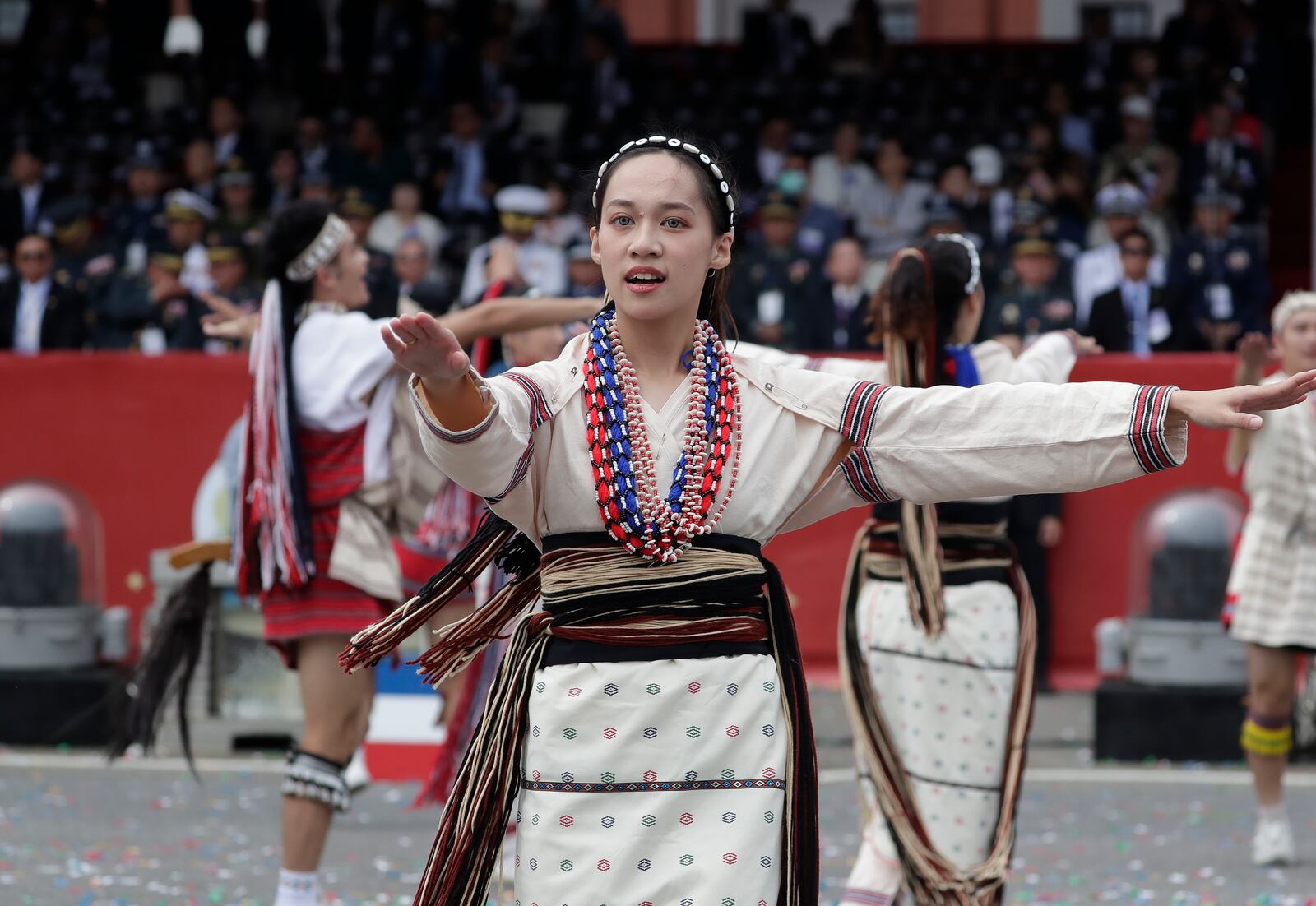 Dancers perform during National Day celebrations in front of the Presidential Building in Taipei, Taiwan, Thursday, Oct. 10, 2024. (AP Photo/Chiang Ying-ying)