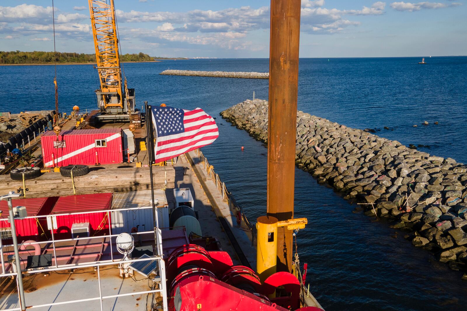 Construction is wrapping up on eight eco-friendly "Living Breakwaters" at the southernmost tip of New York City, off the coast of Staten Island, Wednesday, Oct. 9, 2024. (AP Photo/Ted Shaffrey)