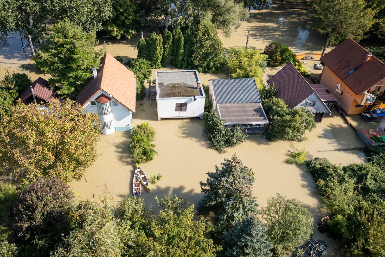 An aerial view of a flooded neighbourhood in Szentendre, Hungary, Thursday, Sept. 19, 2024. (AP Photo/Darko Bandic)