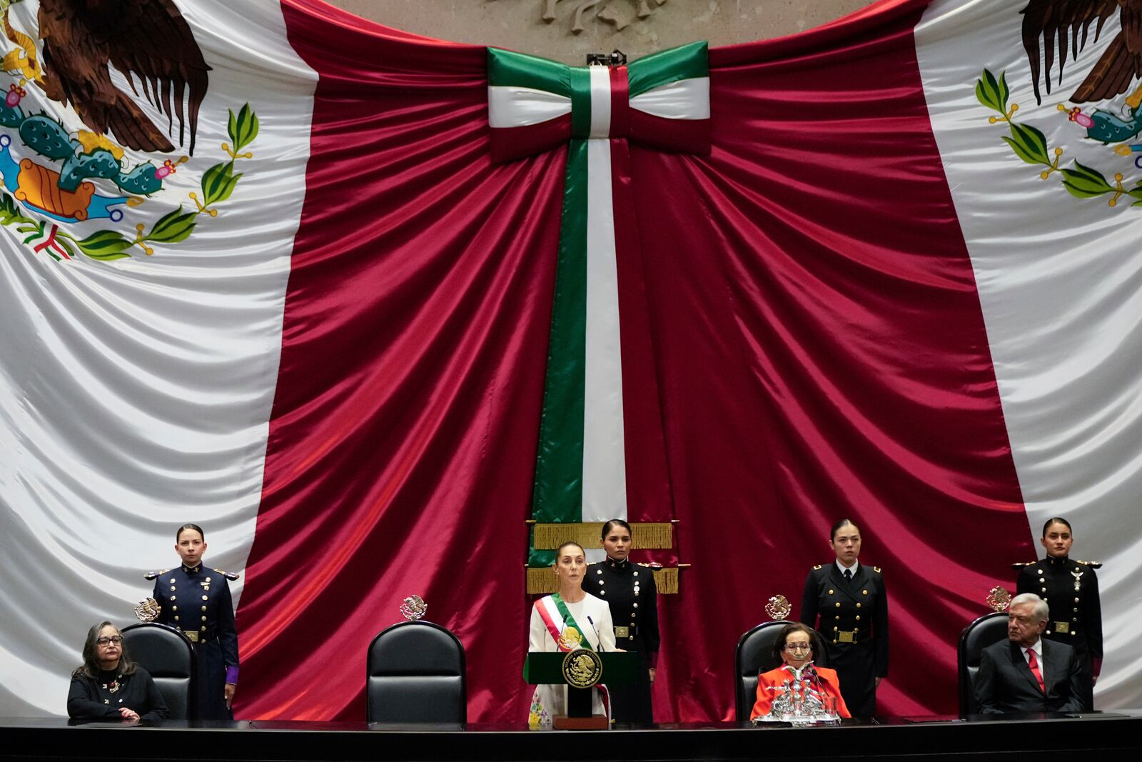 Claudia Sheinbaum speaks after taking the oath of office in Mexico City, Tuesday, Oct. 1, 2024. (AP Photo/Eduardo Verdugo)