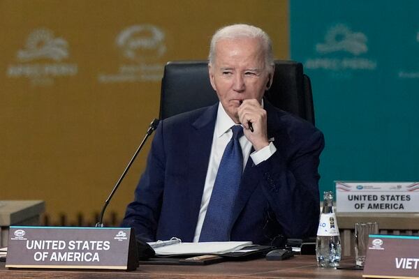 President Joe Biden listens during the APEC Leaders' Informal Dialogue at the APEC Summit in Lima, Peru, Friday, Nov. 15, 2024. (AP Photo/Manuel Balce Ceneta)