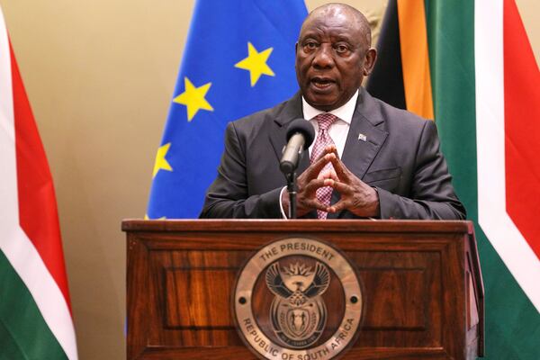 FILE - South Africa's President Cyril Ramaphosa speaks to journalists during the eighth EU-South Africa summit in Cape Town, South Africa, March 13, 2025. (AP Photo/Nardus Engelbrecht, File)