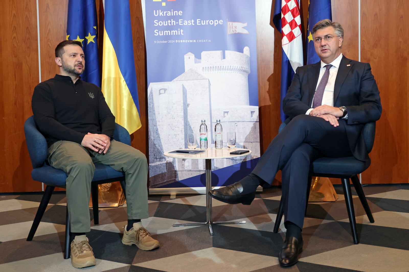 Ukrainian President Volodymyr Zelenskyy, left, meets Croatian Prime Minister Andrej Plenkovic at the Southeast Europe Croatia Ukraine summit in Dubrovnik, Croatia, Wednesday, Oct. 9, 2024. (Damir Sencar/Pool Photo via AP)