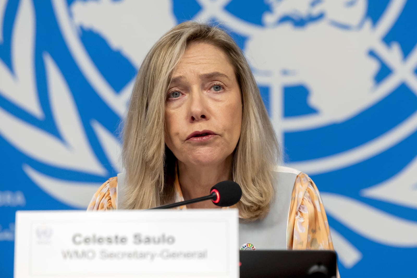 Celeste Saulo, secretary-general of World Meteorological Organization (WMO), presents the WMO's State of Global Water Resources report during a press conference at the European headquarters of the United Nations in Geneva, Switzerland, Monday, Oct. 7, 2024. (Salvatore Di Nolfi/Keystone via AP)