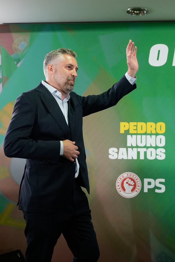 Socialist Party secretary general Pedro Nuno Santos arrives to address supporters and media, following Portugal's general election, in Lisbon, Monday, May 19, 2025. (AP Photo/Ana Brigida)