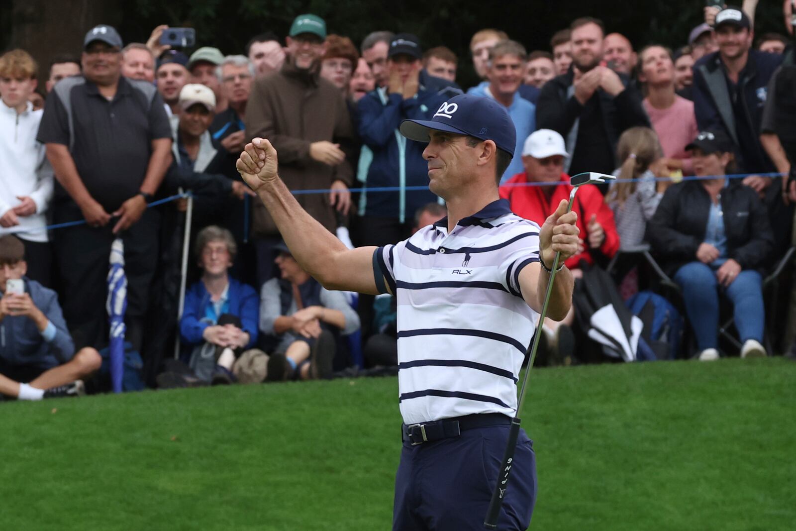 Billy Horschel of the United Statesd reacts on the 18th green after winning a playoff to win the British PGA golf Championship at Wentworth golf club in Wentworth, England, Sunday, Sept. 22, 2024. (AP Photo/Ian Walton)