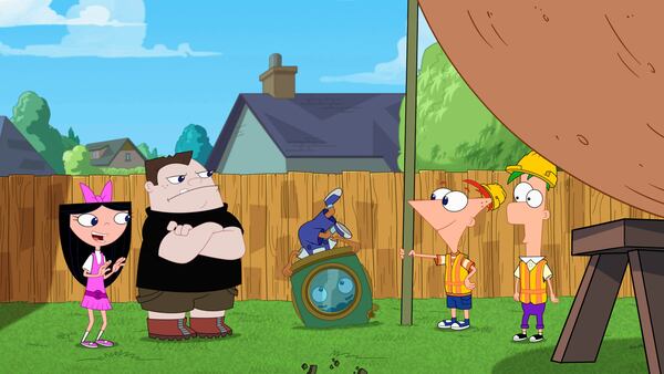 This image released by Disney shows characters, from left, Isabella, Buford, Baljeet, Phineas and Ferb in a scene from "Phineas and Ferb." (Disney via AP)