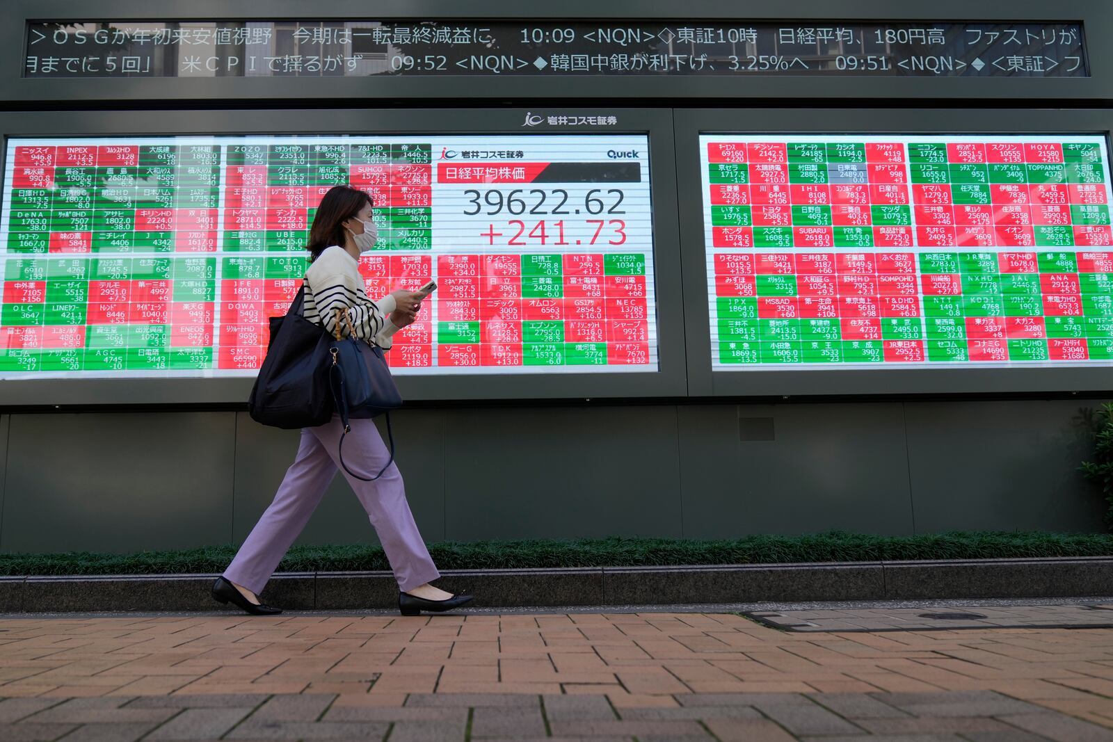 FILE -A passerby moves past an electronic stock board showing Japan's Nikkei 225 index and stock prices outside a securities building Friday, Oct. 11, 2024 in Tokyo. (AP Photo/Shuji Kajiyama, File)