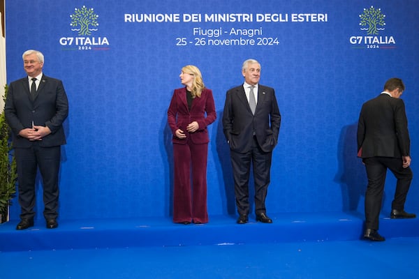 From left, Ukrainian Foreign Minister Andrii Sybiha, Canada's Foreign Minister Melanie Joly, Italian Foreign Minister Antonio Tajani, and Britain's Foreign Office Political Director Christian Turner arrive for a family photo at the G7 of foreign Ministers in Fiuggi, some 70 kilometers south-east of Rome, Tuesday, Nov. 26, 2024. (AP Photo/Alessandra Tarantino, Pool)