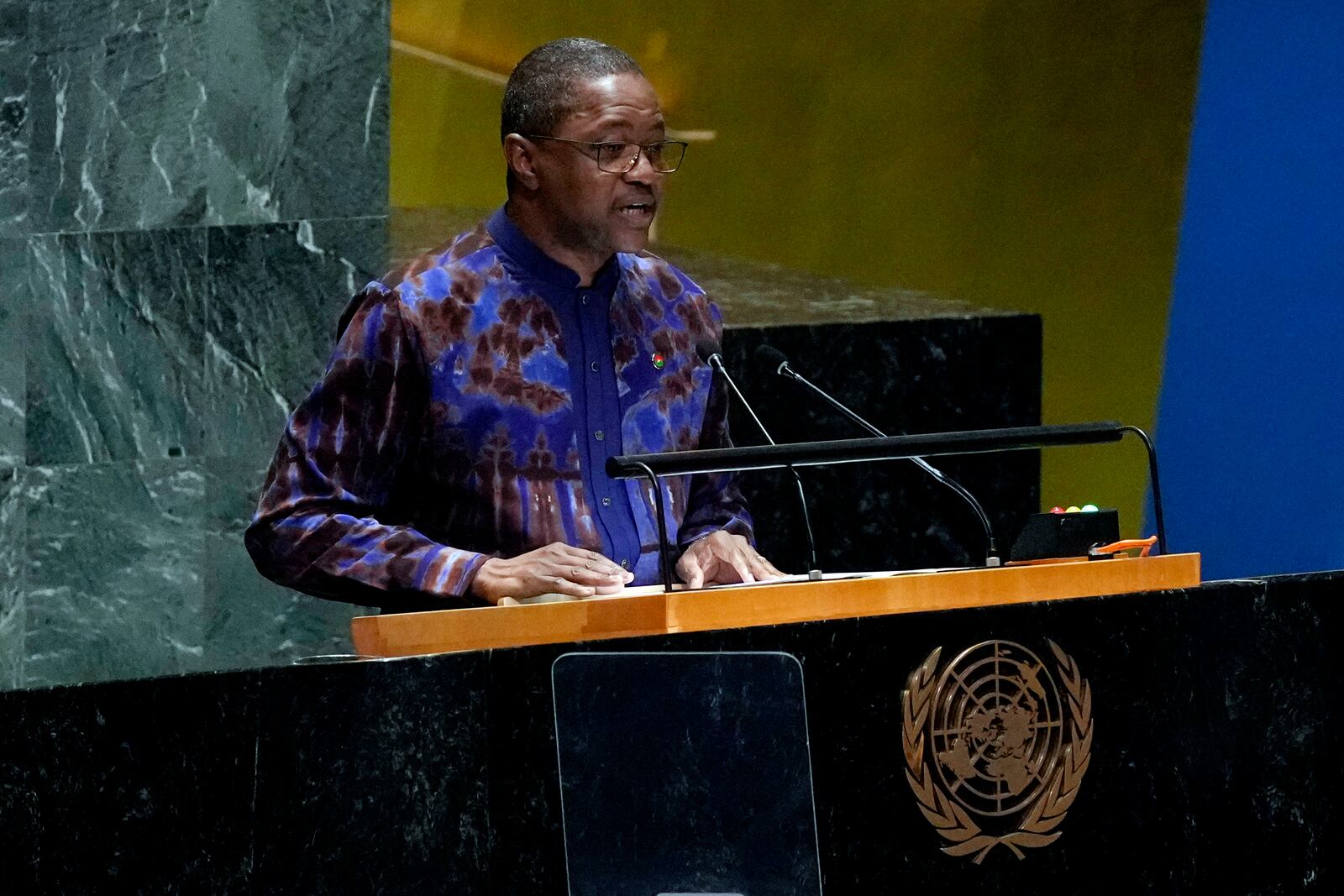 Burkina Faso Foreign Minister Karamoko Jean Marie Traore addresses the 79th session of the United Nations General Assembly, Monday, Sept. 30, 2024. (AP Photo/Richard Drew)