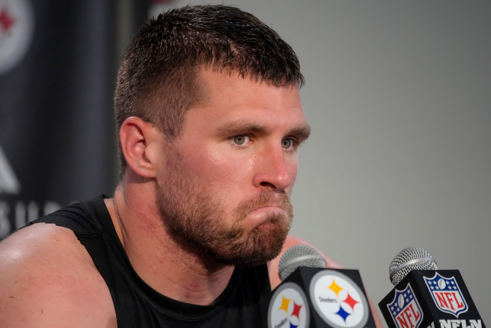 Pittsburgh Steelers linebacker T.J. Watt talks to reporters following an NFL football game against the Dallas Cowboys, early Monday, Oct. 7, 2024, in Pittsburgh. The Cowboys won 20-17. (AP Photo/Gene J. Puskar)