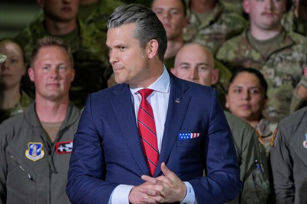 Defense Secretary Pete Hegseth arrives before President Donald Trump speaks to members of the Michigan National Guard at Selfridge Air National Guard Base, Tuesday, April 29, 2025, in Harrison Township, Mich. (AP Photo/Alex Brandon)
