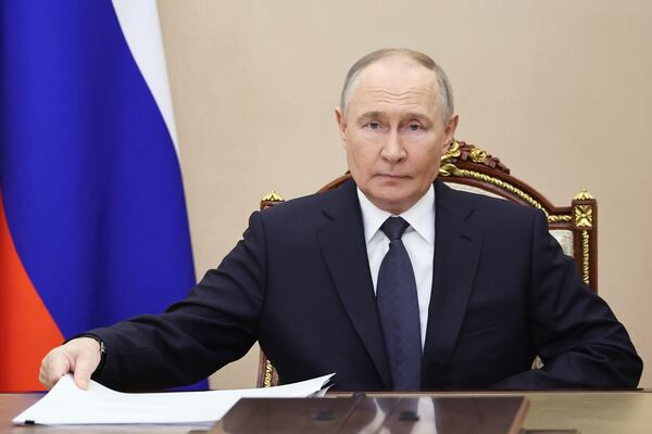 Russian President Vladimir Putin attends a meeting on forthcoming Russia-Ukraine talks in Istanbul, in Moscow, Russia, Wednesday, May 14, 2025. (Alexander Kazakov, Sputnik, Kremlin Pool Photo via AP)