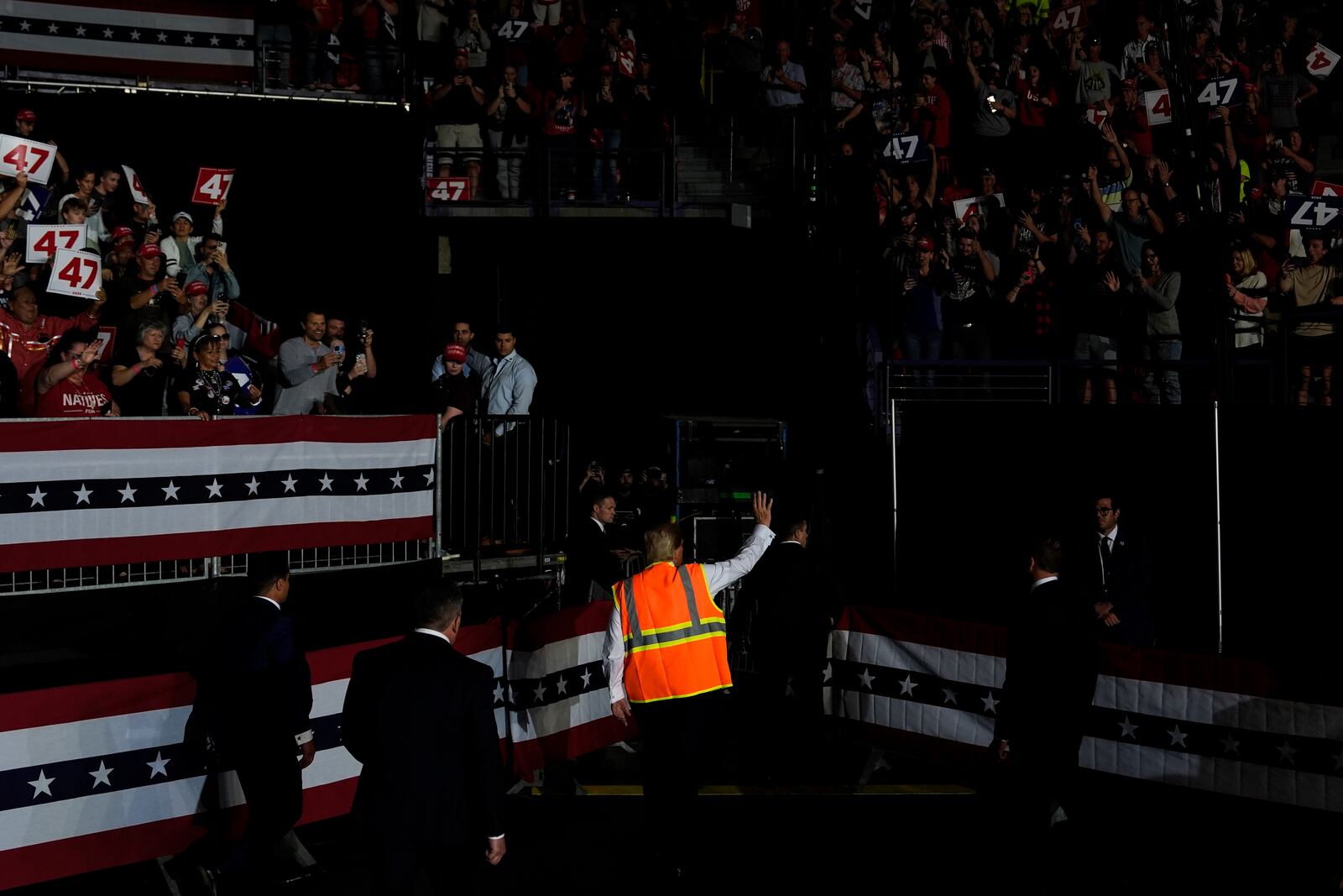 Republican presidential nominee former President Donald Trump departs after speaking at a campaign rally at Resch Center, Wednesday, Oct. 30, 2024, in Green Bay, Wis. (AP Photo/Julia Demaree Nikhinson)